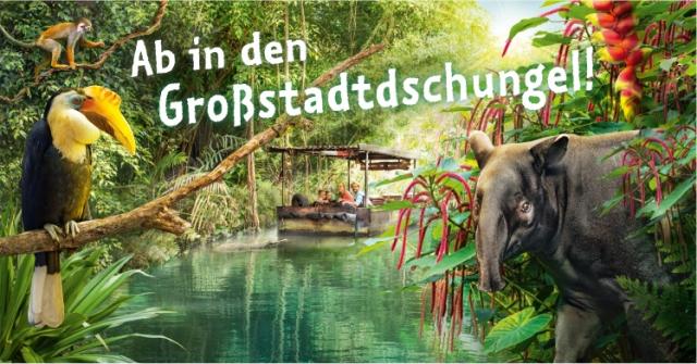 Ab in den Großstadtdschungel - Collage mit Boot, Papagei, Tapir und weiteren Tieren